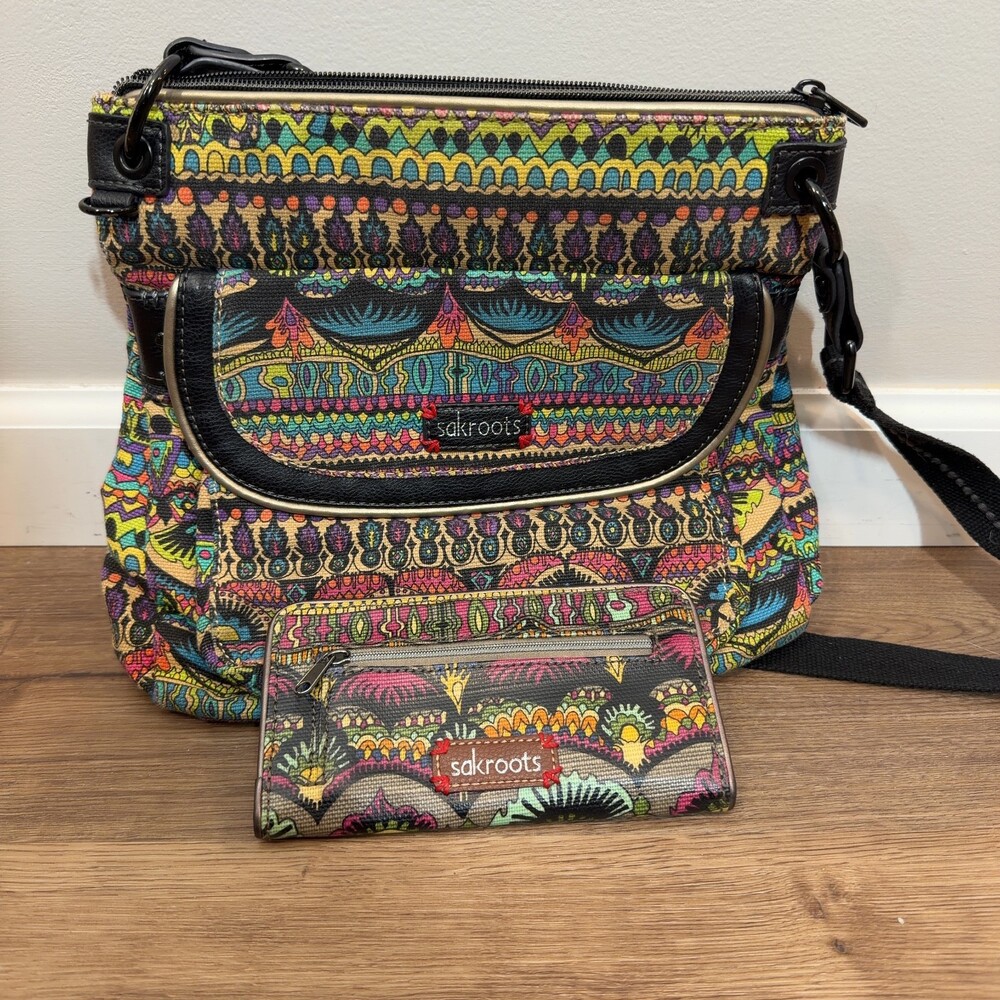 Sakroots Elephant Print‎ Canvas Crossbody Bag & Matching Wallet Set